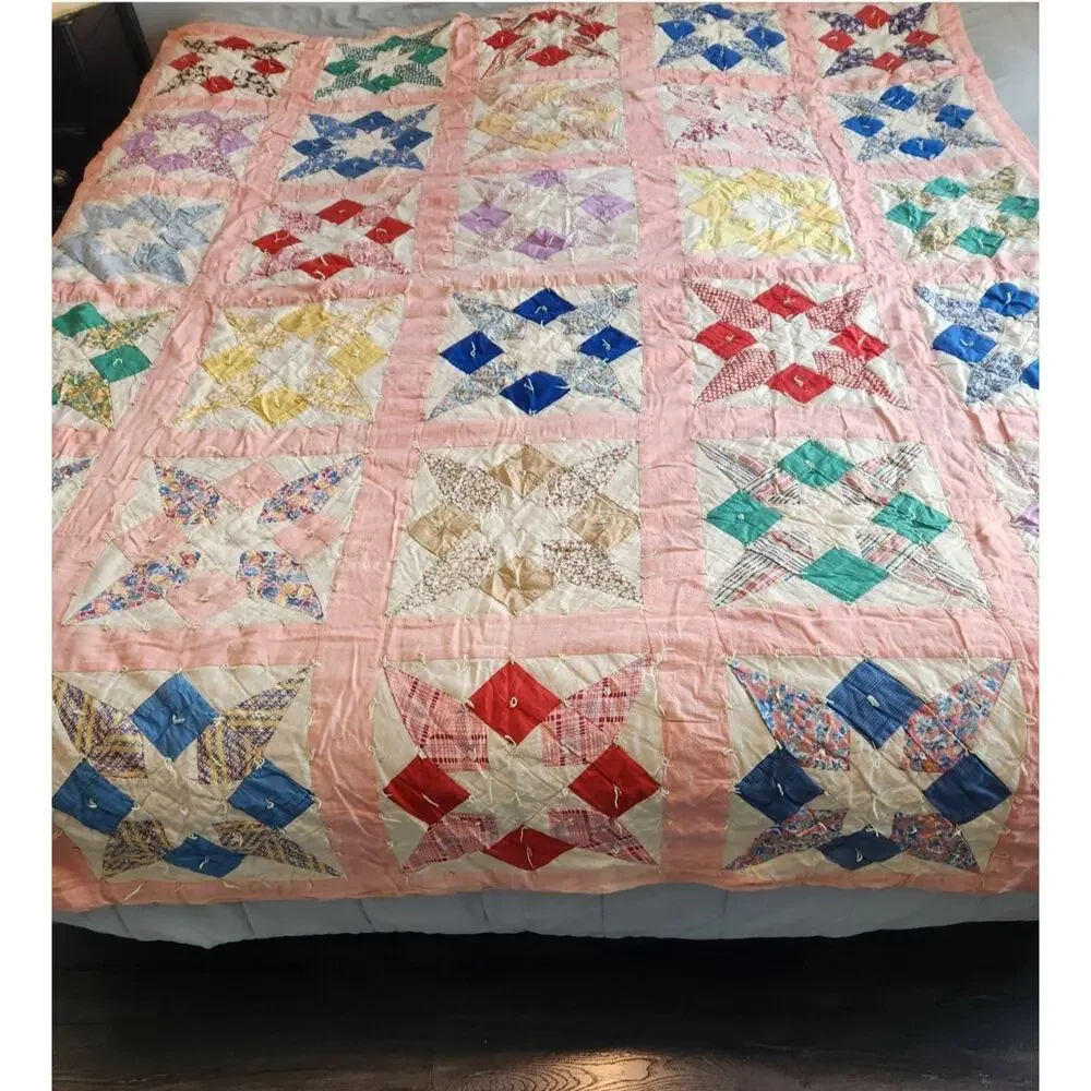 Ohio Star 1940s Feedsack Scrappy Quilt Hand Tied Vintage Folk Art Depression Era